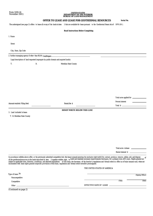 Fillable Form 3200-24 - Offer To Lease And Lease For Geothermal Resources Printable pdf