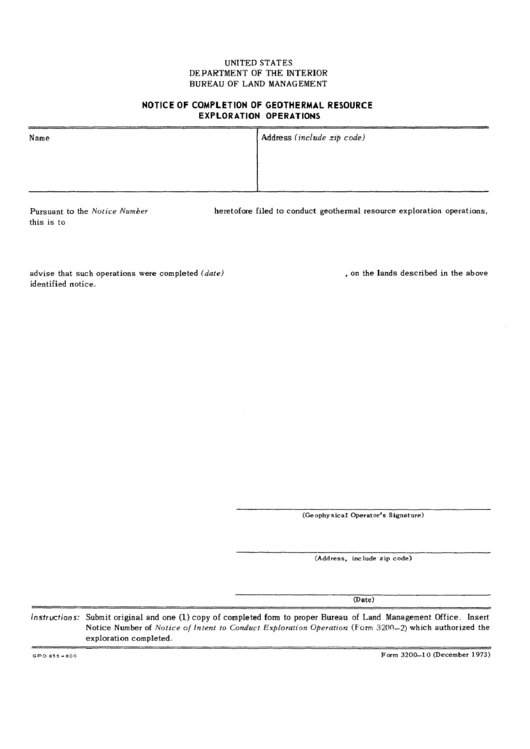 Form 3200-10 - Notice Of Completion Of Geothermal Resource Exploration Operations Printable pdf