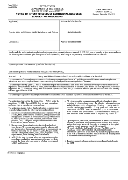 Fillable Form 3200-9 - Notice Of Intent To Conduct Geothermal Resource Exploration Operations Printable pdf