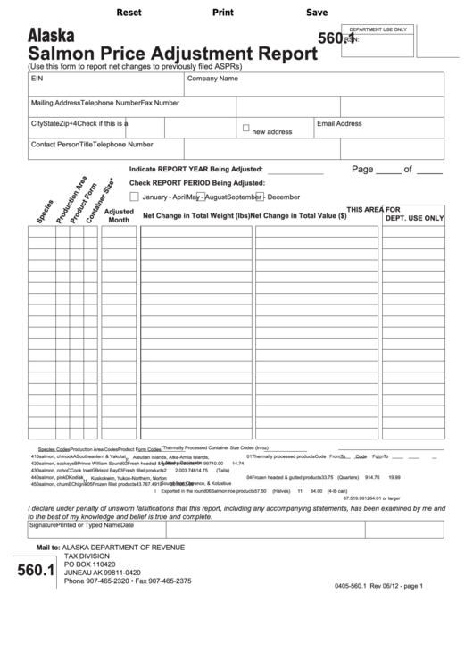 Fillable Form 560.1 - Salmon Price Adjustment Report Printable pdf
