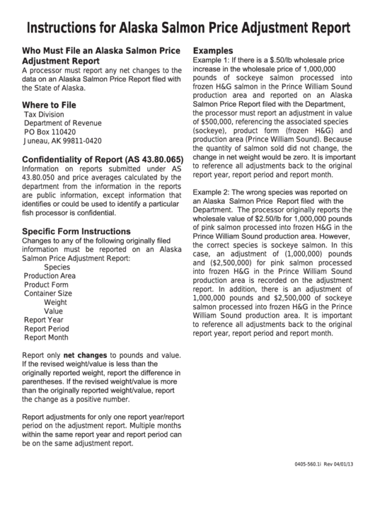 Instructions For Form 560.1i - Alaska Salmon Price Adjustment Report Printable pdf