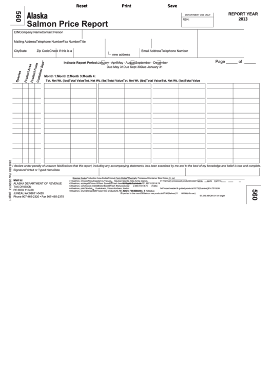 Fillable Form 560 - Salmon Price Report - 2013 Printable pdf