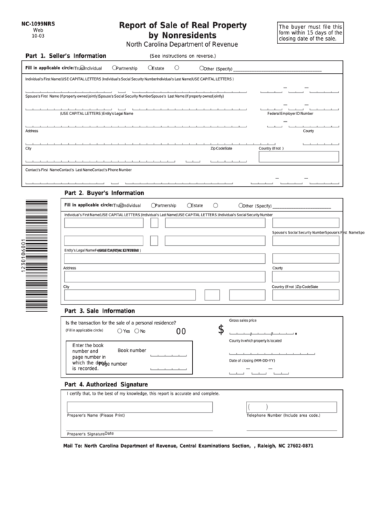 Form Nc-1099nrs - Report Of Sale Of Real Property By Nonresidents Printable pdf