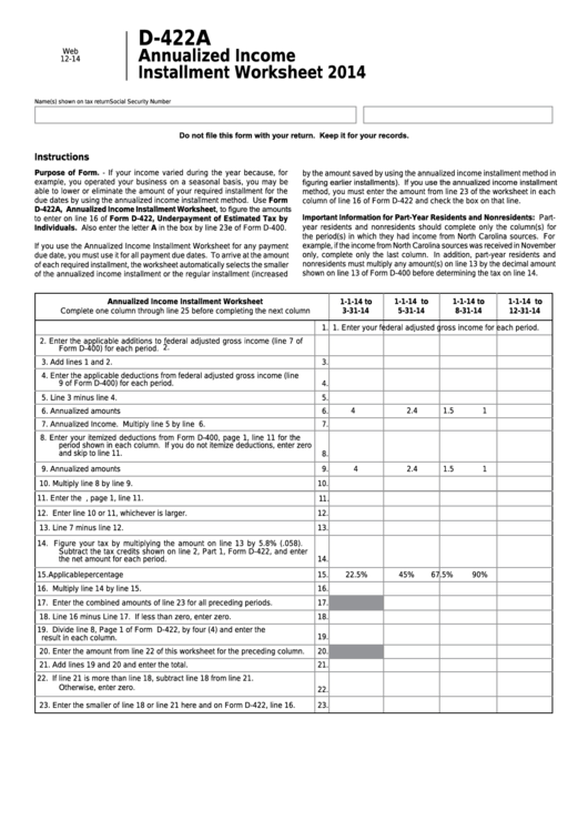 Form D-422a - Annualized Income Installment Worksheet - 2014 Printable pdf