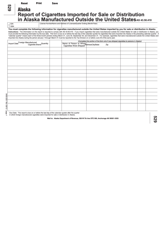 Fillable Form 529 - Report Of Cigarettes Imported For Sale Or Distribution In Alaska Manufactured Outside The United States Printable pdf