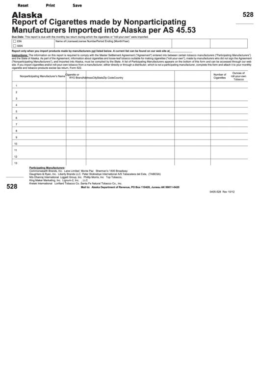 Fillable Form 528 - Report Of Cigarettes Made By Nonparticipating Manufacturers Imported Into Alaska Per As 45.53 Printable pdf