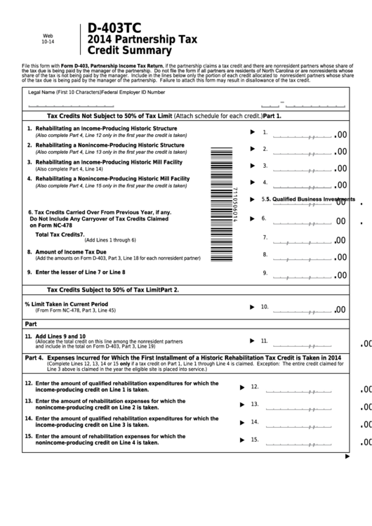 Form D-403tc - Partnership Tax Credit Summary - 2014 Printable pdf