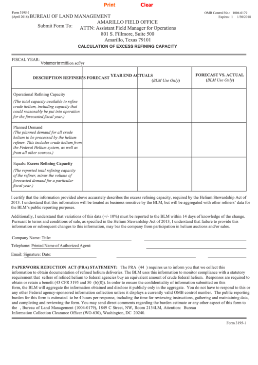Fillable Form 3195-1 - Calculation Of Excess Refining Capacity Printable pdf