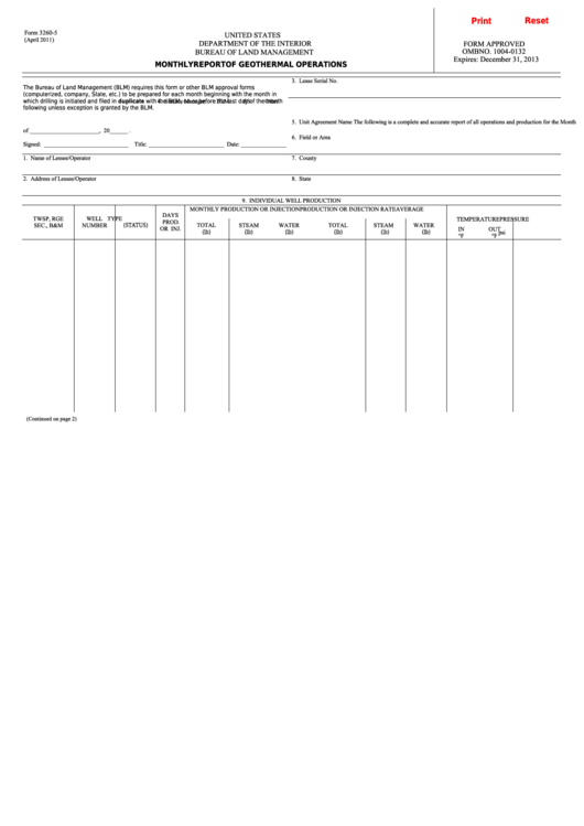Fillable Form 3260-5 - Monthly Report Of Geothermal Operations Printable pdf