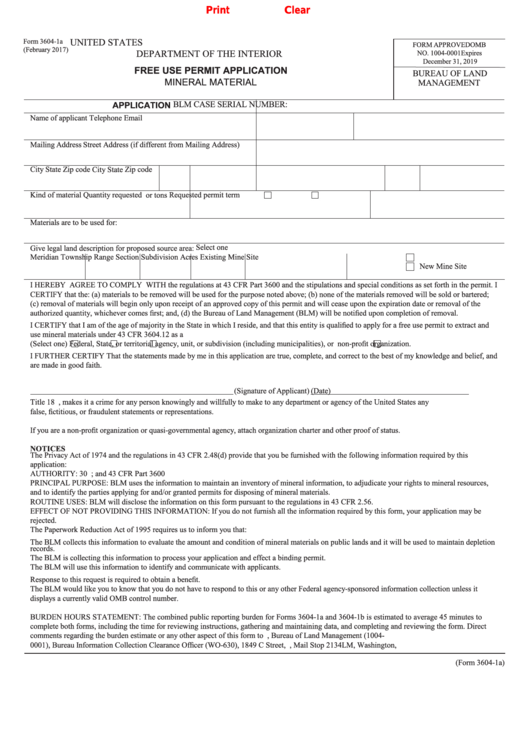Form 3604-1a - Free Use Permit Application Mineral Material