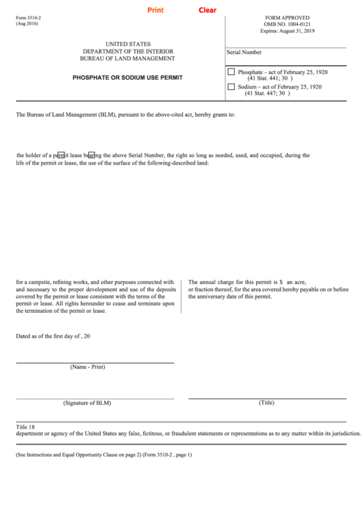 Fillable Form 3510-2 - Phosphate Or Sodium Use Permit Printable pdf