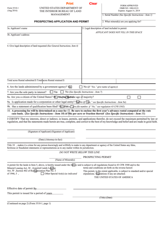 Fillable Form 3510-1 - Prospecting Application And Permit Printable pdf