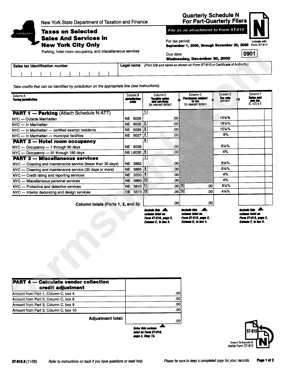 Form St-810.5 - Quarterly Schedule N For Part-Quarterly Filers