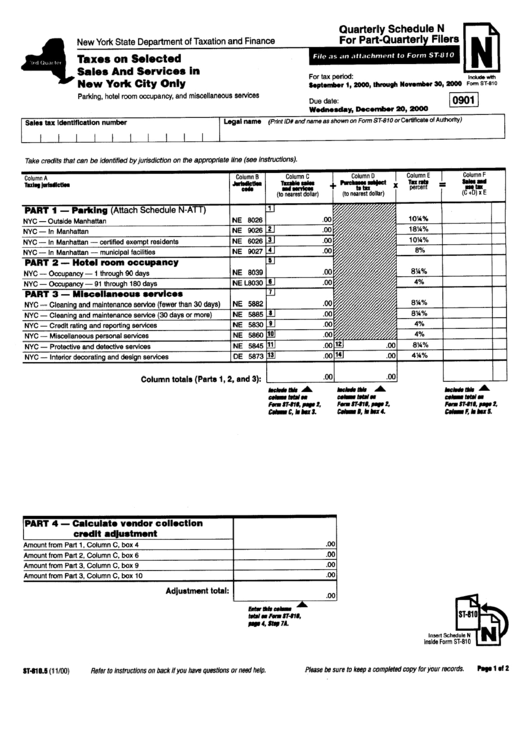 Fillable Form St-810.5 - Quarterly Schedule N For Part-Quarterly Filers Printable pdf
