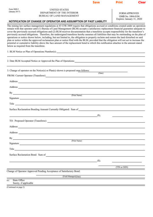 Fillable Form 3809-5 - Notification Of Change Of Operator And Assumption Of Past Liability Printable pdf