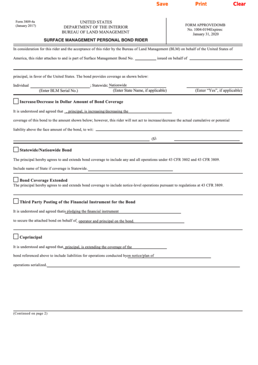 Fillable Form 3809-4a - Surface Management Personal Bond Rider Printable pdf