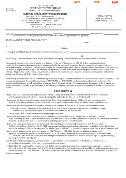 Fillable Form 3809-2 - Surface Management Personal Bond Printable pdf