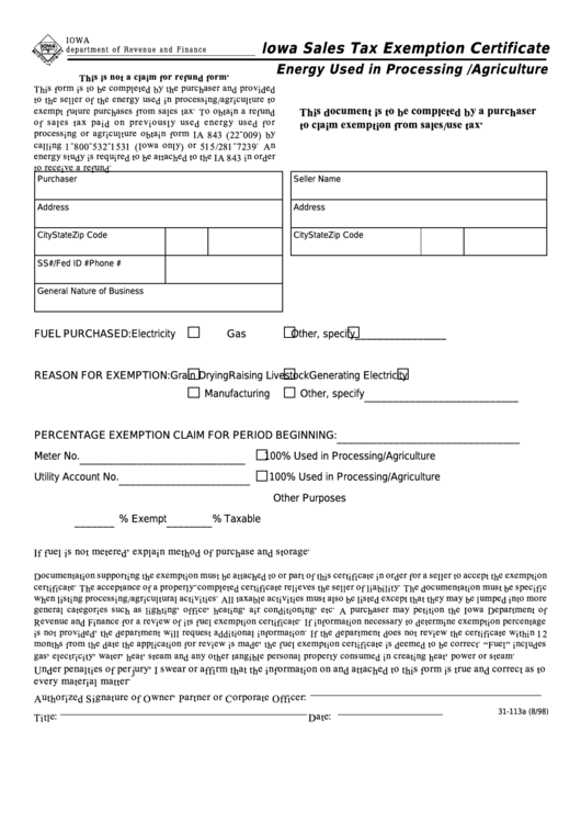 Form 31-113b - Iowa Sales Tax Exemption Certificate - Energy Used In Processing /agriculture Printable pdf