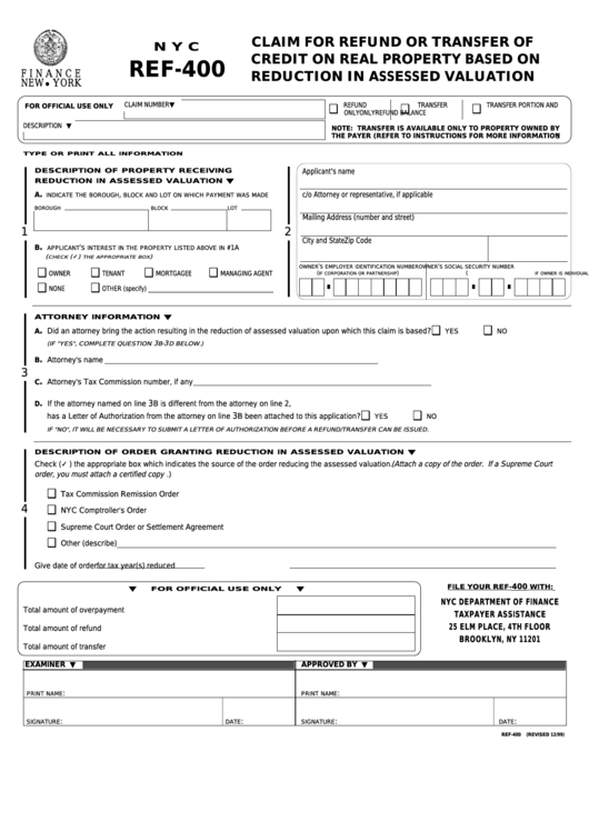 Form Ref-400 - Claim For Refund Or Transfer Of Credit On Real Property Based On Reduction In Assessed Valuation Printable pdf