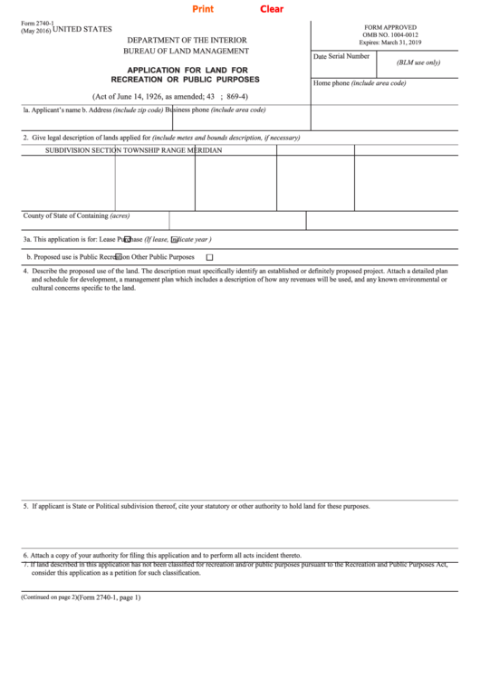 Fillable Form 2740-1 - Application For Land For Recreation Or Public Purposes Printable pdf
