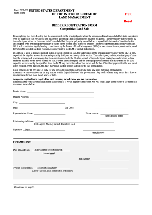 Fillable Form 2001-001 - Bidder Registration Form Competitive Land Sale Printable pdf