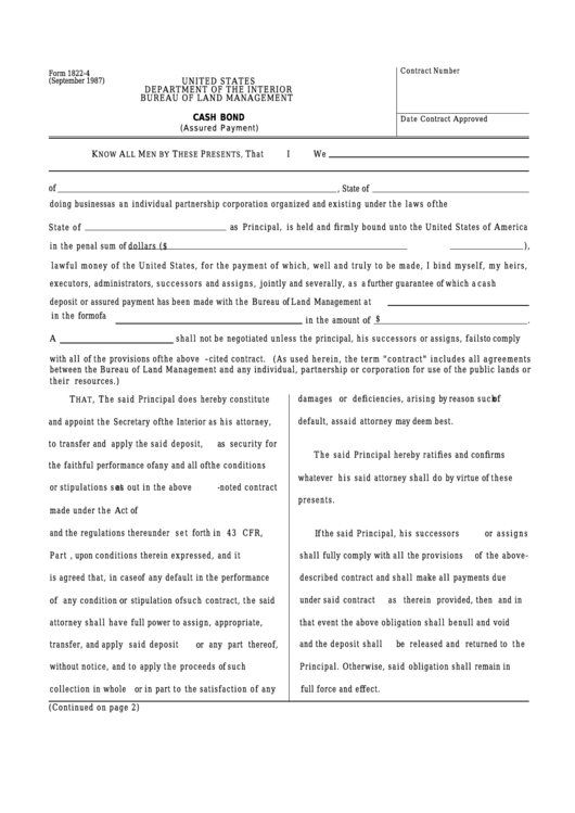 Fillable Form 1822-4 - Cash Bond (Assured Payment) Printable pdf