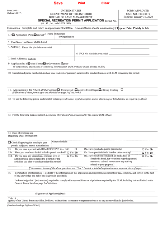 Fillable Form 2930-1 - Special Recreation Permit Application Printable pdf