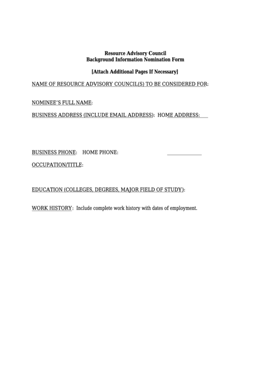 Resource Advisory Council Background Information Nomination Form Printable pdf