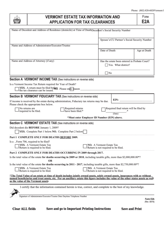Fillable Form E2a - Vermont Estate Tax Information And Application For Tax Clearances - 2016 Printable pdf