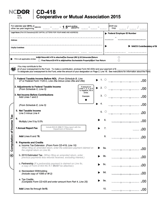 Form Cd-418 - Cooperative Or Mutual Association - 2015 Printable pdf