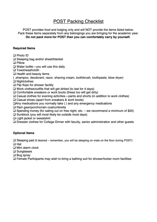 Post Packing Checklist Template Printable Pdf Download