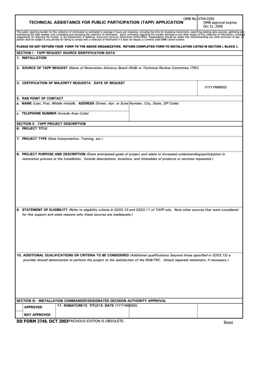 Fillable Dd Form 2749 - Technical Assistance For Public Participation (Tapp) Application Printable pdf