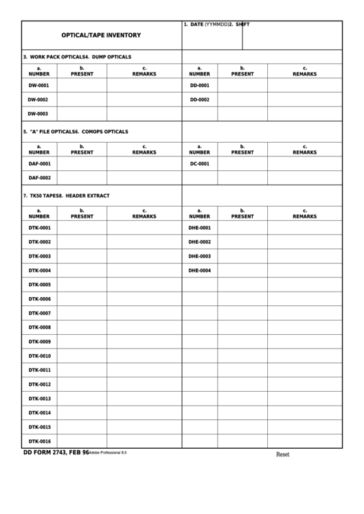 Fillable Dd Form 2743 - Optical/tape Inventory Printable pdf