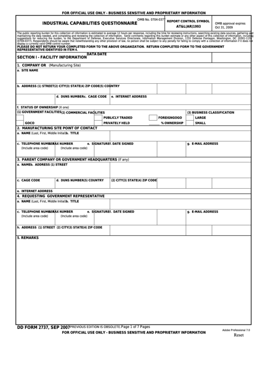 Fillable Dd Form 2737 - Industrial Capabilities Questionnaire Printable pdf