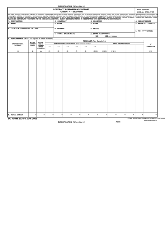Fillable Dd Form 2734/4 - Contract Performance Report Format 4 - Staffing Printable pdf