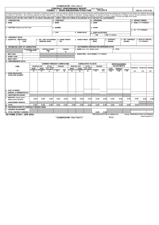 Fillable Dd Form 2734/1 - Contract Performance Report Format 1 - Work Breakdown Structure Printable pdf