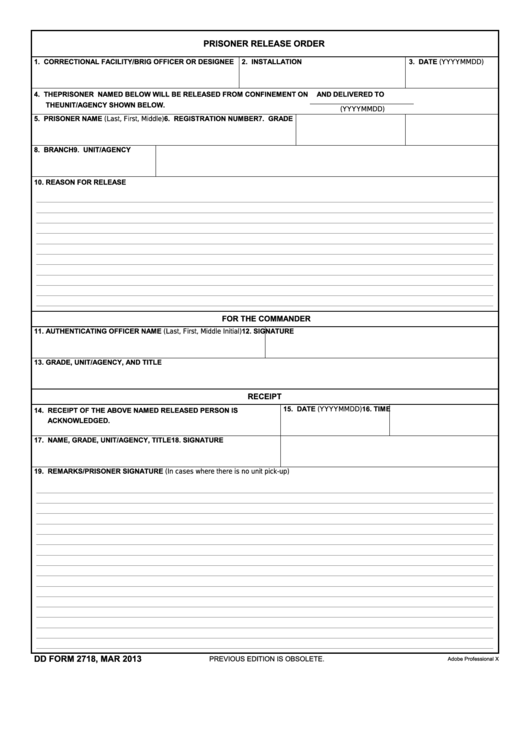 Fillable Dd Form 2718 - Prisoner Release Order Printable pdf
