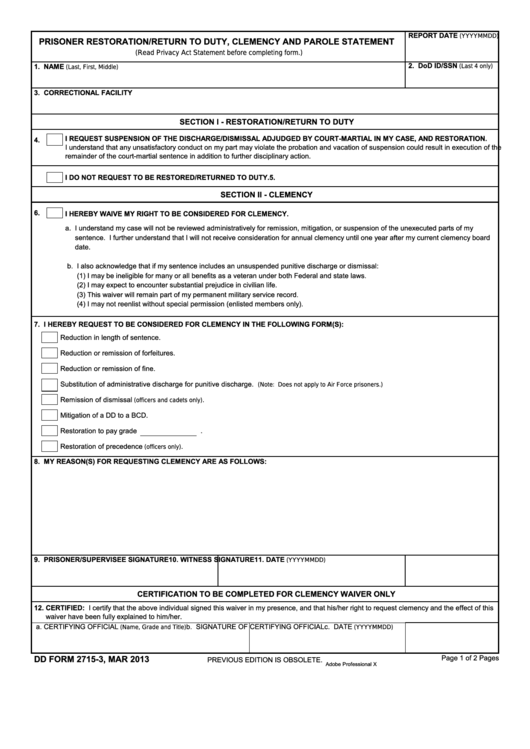 Fillable Dd Form 2715-3 - Prisoner Restoration/return To Duty, Clemency And Parole Statement Printable pdf