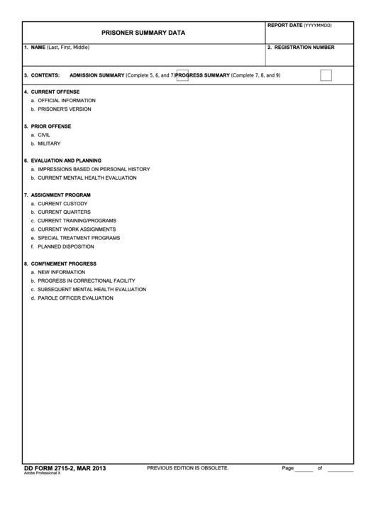 Fillable Dd Form 2715-2 - Prisoner Summary Data Printable pdf