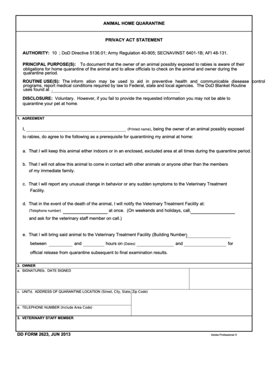 Fillable Dd Form 2623 - Animal Home Quarantine Printable pdf