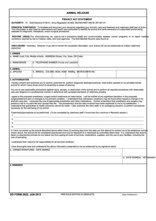Fillable Dd Form 2622 - Animal Release Printable pdf