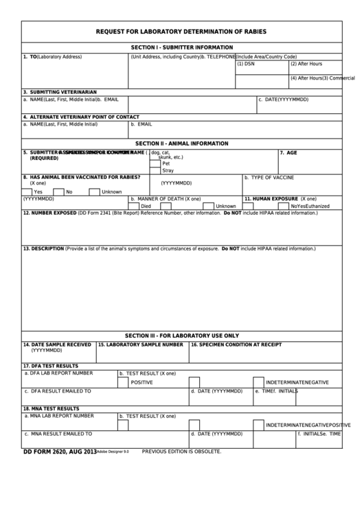 Fillable Dd Form 2620 - Request For Laboratory Determination Of Rabies Printable pdf