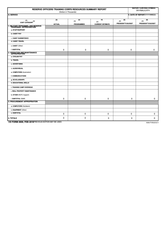 Fillable Dd Form 2609 - Rotc Summary Report Printable pdf