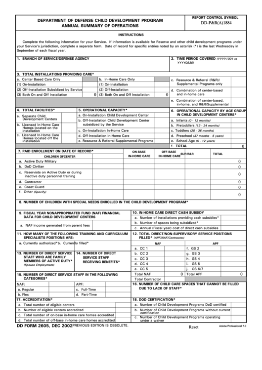 Fillable Dd Form 2605 - Department Of Defense Child Development Program Annual Summary Of Operations Printable pdf