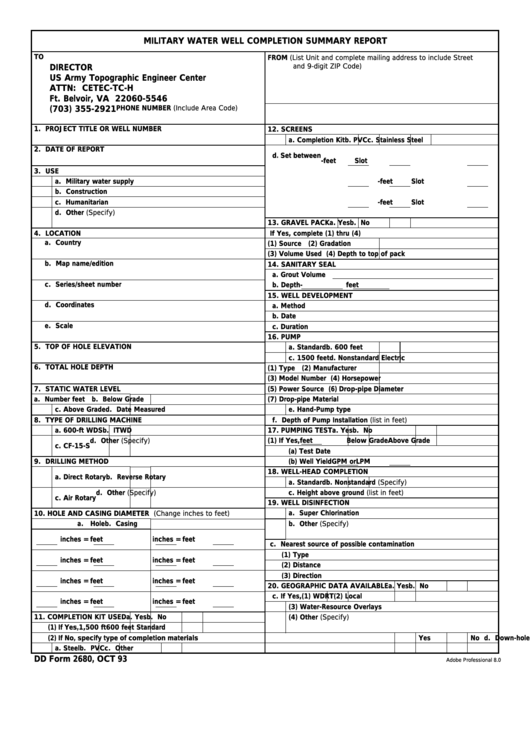 Fillable Dd Form 2680 - Military Water Well Completion Summary Report Printable pdf