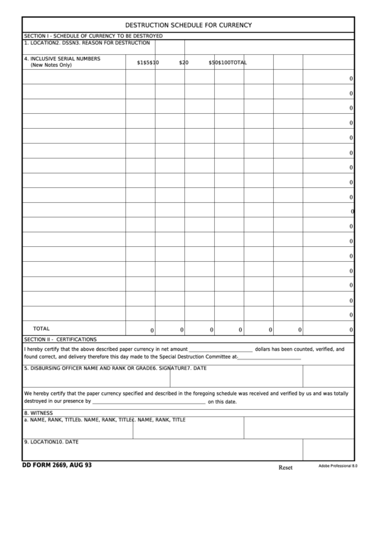 Fillable Dd Form 2669 - Destruction Schedule For Currency Printable pdf