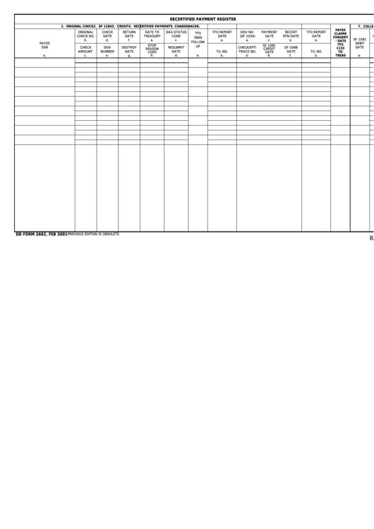 Fillable Dd Form 2662 - Recertified Payment Register Printable pdf