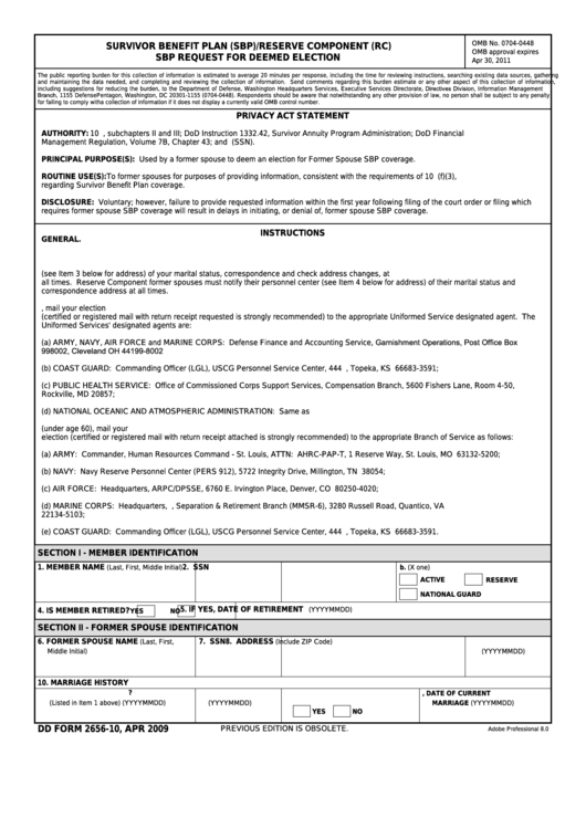 Fillable Dd Form 2656-10 - Survivor Benefit Plan (Sbp)/reserve Component (Rc) Sbp Request For Deemed Election - April 2009 Printable pdf