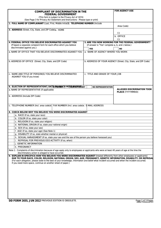 Fillable Dd Form 2655 - Complaint Of Discrimination In The Federal Government Printable pdf