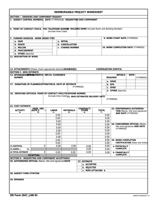 Fillable Dd Form 2647 - Reimbursable Project Worksheet Printable pdf